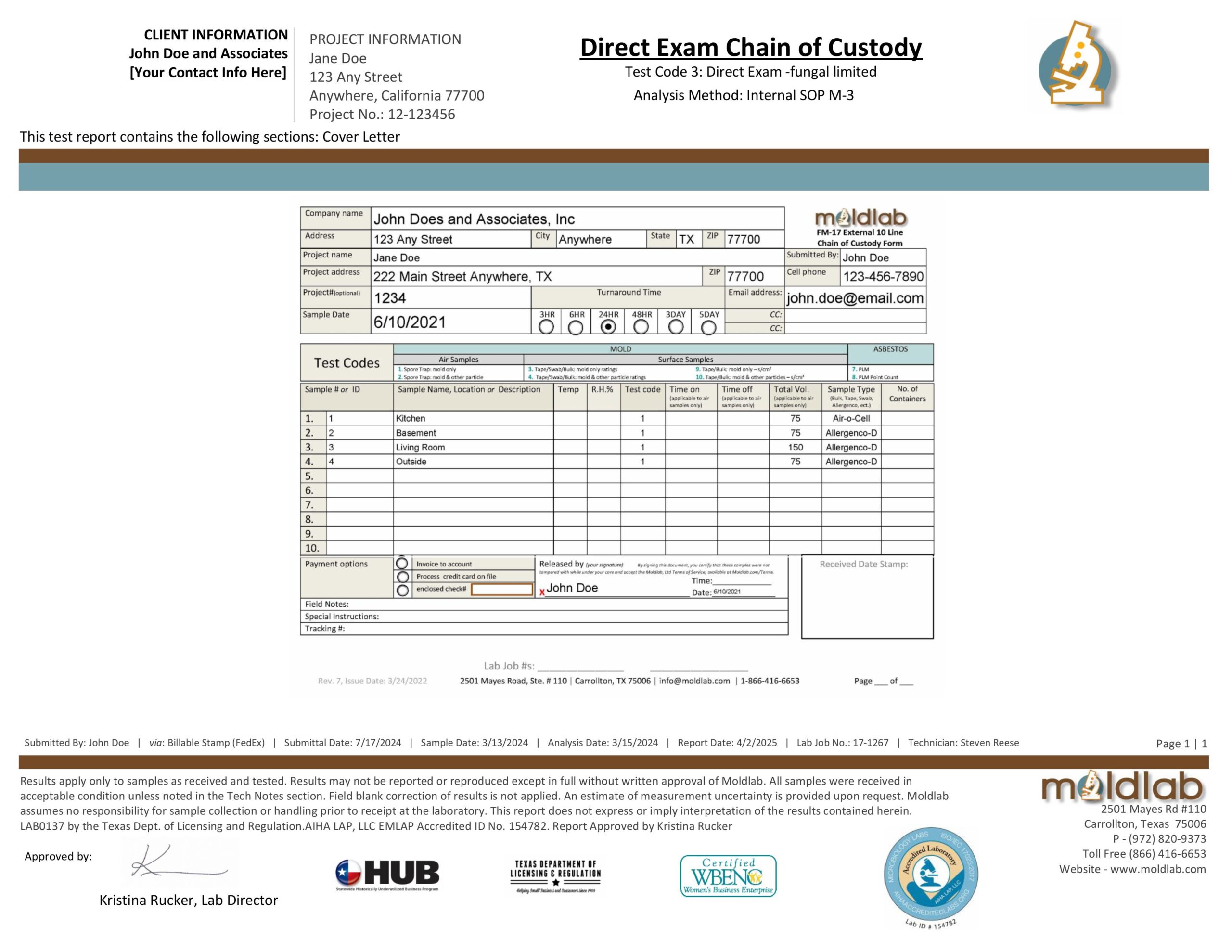 Moldlab lab report cover page showing client information, project address, chain of custody, accreditation details, and lab director approval for mold analysis.