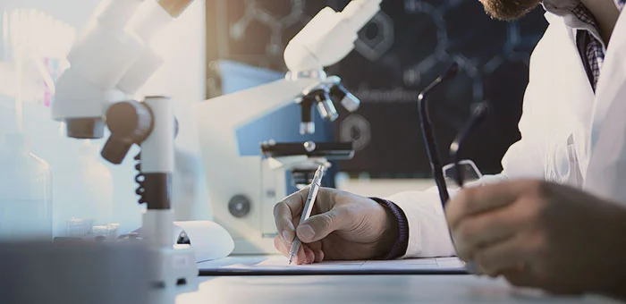 A lab professional working on a branded lab report in the Moldlab office—representing professionalism, partnership, and trusted mold and asbestos lab services for inspectors.