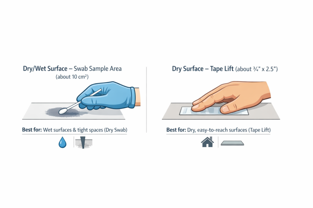 Illustration comparing mold surface sampling methods, showing a dry swab for wet or tight areas and a tape lift for dry, accessible surfaces.