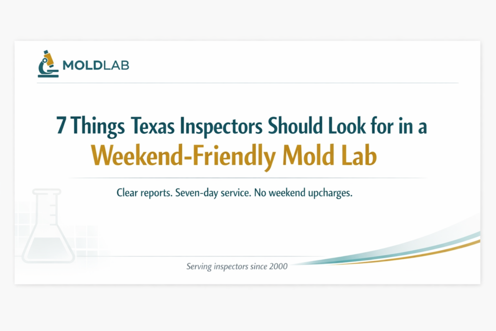 Weekend-Friendly Mold Lab Services for Texas Inspectors graphic with Moldlab microscope logo and text about clear reports, seven-day service, and no weekend upcharges